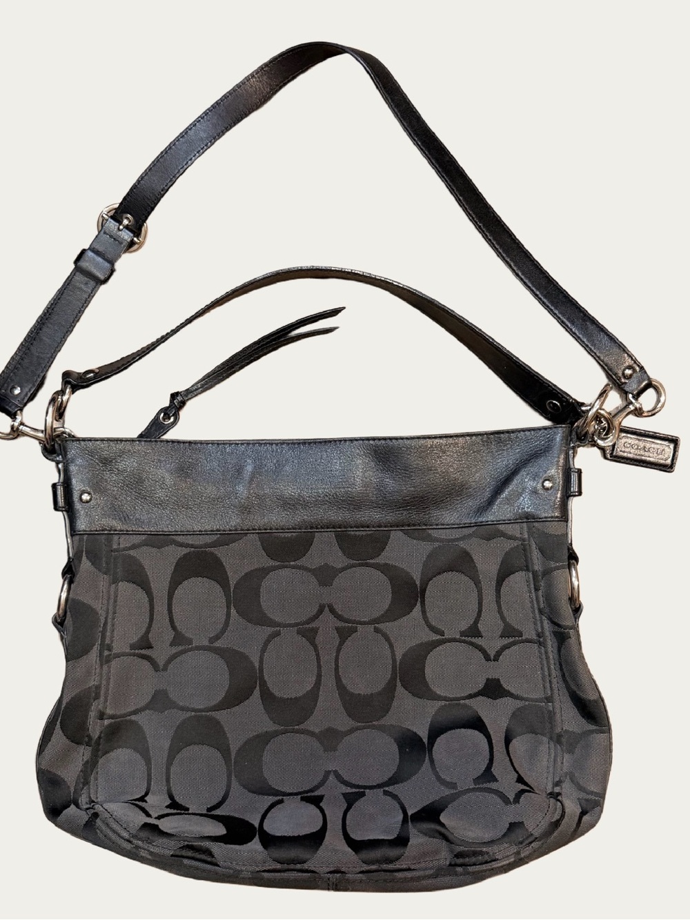 VINTAGE Y2K Coach "ZOE" Signature JACQUARD & LEATHER HOBO Shoulder BAG BLACK